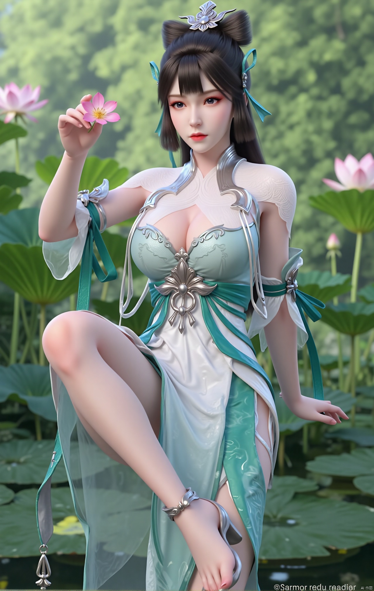 masterpiece,1girl,black hair,(Sitting by the lotus pond in the garden:1.3),(short dress:1.39),black eyes,beautiful face,short sleeves,holding flower,looking at viewer,(huge breasts:2.79),(full breasts:1.99),Xzhaoliner,Xyaoxi,Xsulingyun,XyunluoX,Xhenrendadi,Xlannuo,Xlongnv,Xruoshui,XyunluoH,Xyuzimo