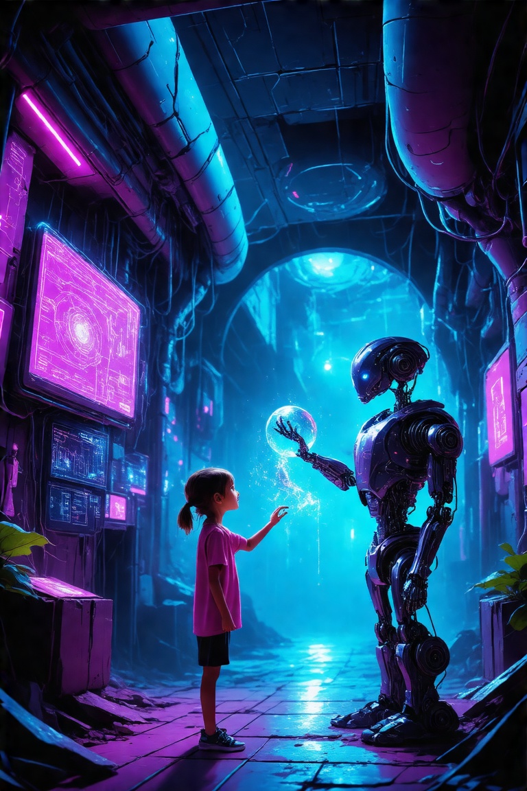 A futuristic scene captures a curious girl's interaction with a robot. She stands in front of a sleek, metallic robot, her bright blue eyes locked onto its glowing screen. The robot's arm extends, offering her a small, shimmering orb that she hesitantly reaches for. Soft, pastel-colored hues illuminate the darkened room, while neon accents on the robot's casing cast an otherworldly glow.