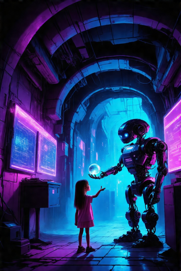 A futuristic scene captures a curious girl's interaction with a robot. She stands in front of a sleek, metallic robot, her bright blue eyes locked onto its glowing screen. The robot's arm extends, offering her a small, shimmering orb that she hesitantly reaches for. Soft, pastel-colored hues illuminate the darkened room, while neon accents on the robot's casing cast an otherworldly glow.