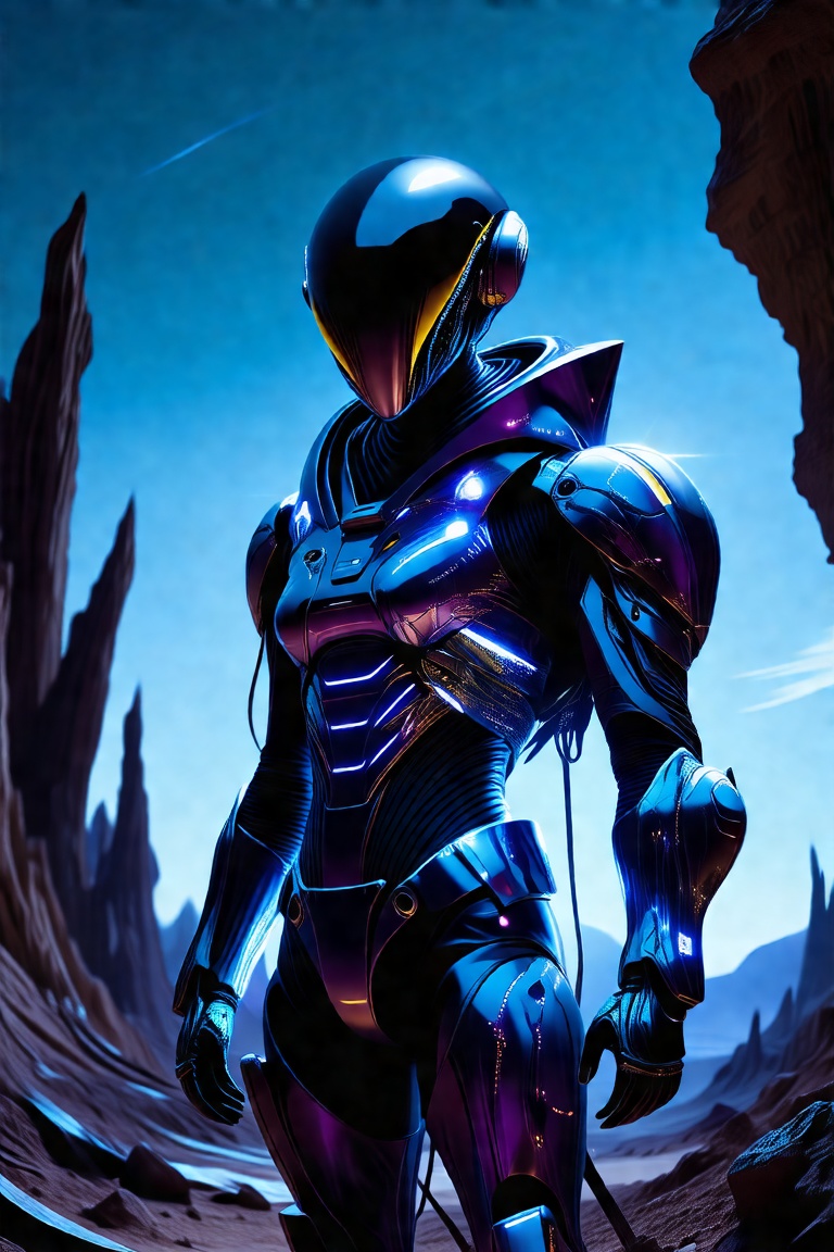 A sleek intergalactic warrior, clad in a glowing iridescent battle suit, commands the frame in a starkly lit, desolate, alien landscape. Reflective of the 'Futuristic & Sci-Fi' style, this image presents a thrilling, edgy, and intriguing portrayal of the character's power and mystery.