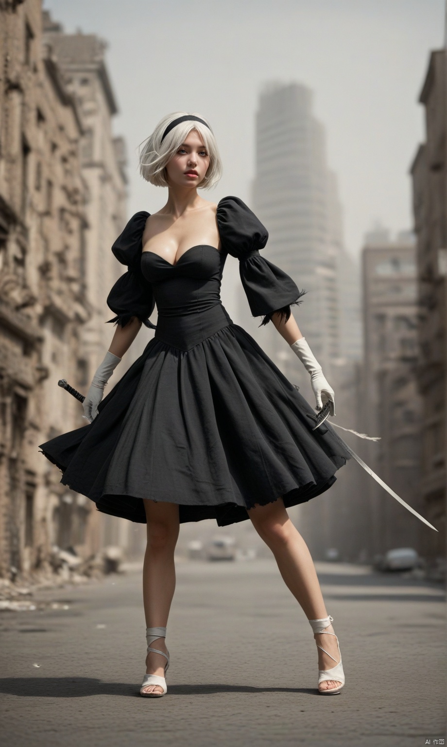 1girl,arm up unsheathing sword
yorha no. 2 type b,profile, body,short white hair,torn black dress, hairband, clothing, cleavage out, puffy sleeves, black hairband, feather-trimmed sleeves,white gloves,black_skirt, torn white 
score_9,score_8,score_7up,photo_realistic,
abandoned bullding,city ruin,((motion blur)),detailed background,flying cube robot with limbs, score_8_up, score_7_up,crouched,crouched on tiptoes