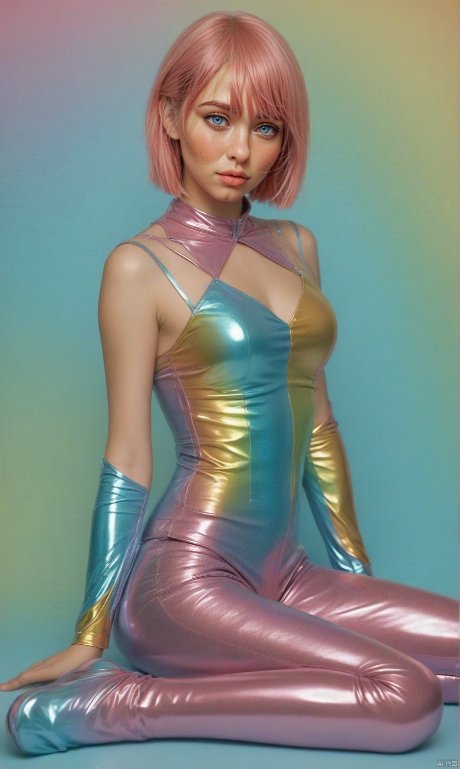 1girl, jirai kei, glistening clothes, extremely shiny clothes, sitting backwards,
pastel colors, colorful,
masterpiece, best quality, amazing quality, very aesthetic, absurdres, newest,