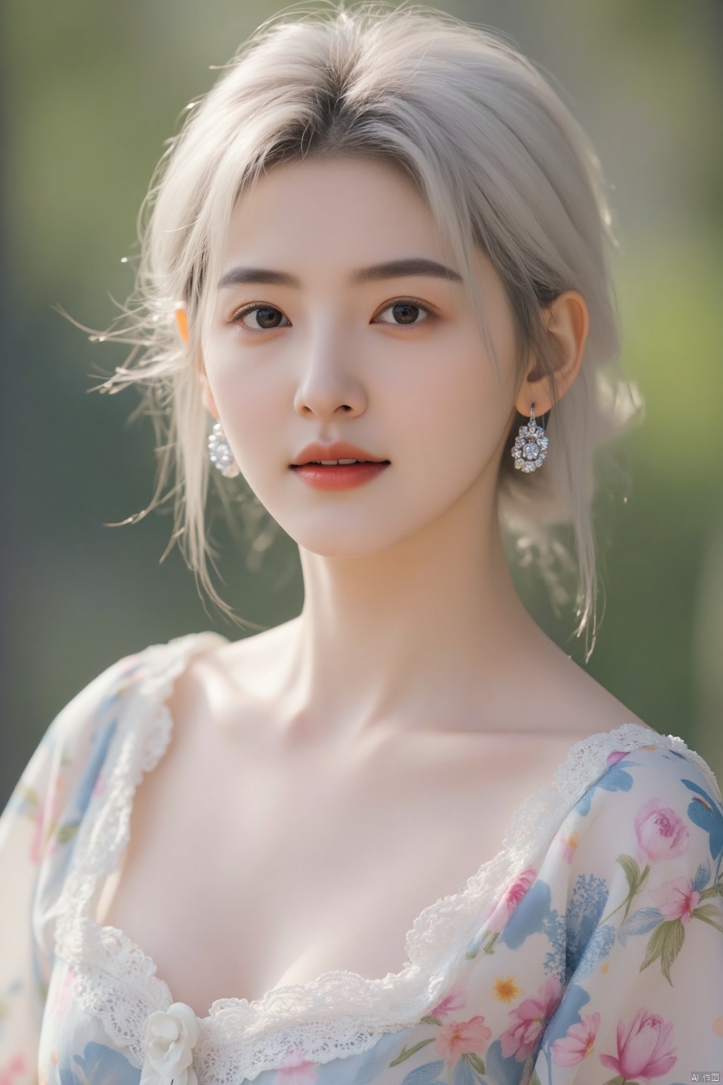 1girl,white short hair,earrings with blue diamonds,hair flowers,upper body,collarbone,Floral clothing,neckband lace,artist tyjf,
(huge_breasts:1.4),bright colors,
Depth of Field, True light, Ray tracing, OC renderer, UE5 renderer, Ultra realistic, best quality, 8K, Master work, hyperfine, Detail, Correct body structure,
(Best quality: 1.4), (Masterpiece: 1.4), (Realistic: 1.4), (Realistic :1.2), (Ultra High resolution, original photo: 1.4), (hdr, Super Detail :1.2), (8K:1.2), (Original photo :1.2), Movie photo