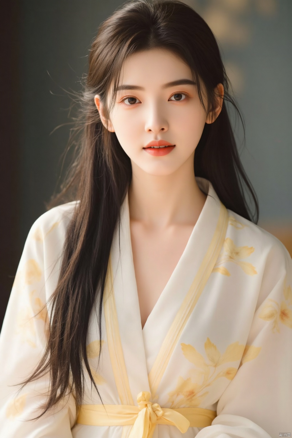 Chinese clothes,white dress,yellow dress,Gufeng,1girl,solo,realistic,brown hair,looking at viewer,sitting,long hair,indoors,head tilt,bangs,cleavage,
(huge_breasts:1.4),bright colors,
Depth of Field, True light, Ray tracing, OC renderer, UE5 renderer, Ultra realistic, best quality, 8K, Master work, hyperfine, Detail, Correct body structure,
(Best quality: 1.4), (Masterpiece: 1.4), (Realistic: 1.4), (Realistic :1.2), (Ultra High resolution, original photo: 1.4), (hdr, Super Detail :1.2), (8K:1.2), (Original photo :1.2), Movie photo