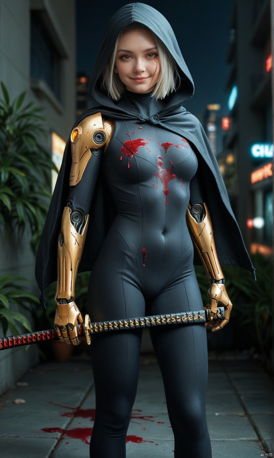 safe_pos, score_9, score_8_up, score_7_up, Ana, elf, witch, short hair, glowing red eyes, platinum blonde hair, detailed eyes, (e-girl makeup:1.2), ((hood up:1.5)), (black bodysuit:1.5), (body stocking:1.3), power suit, covered cleavage, covered navel, (blood on face:1.4), (blood on body:1.5), (blood in hair:1.5), (blood on katana:1.4), (smug expression:1.5), smiling, petite body, ((gold cybernetic arms:1.7)), nighttime, (katana:1.4), (holding katana:1.4), (katana over shoulder:1.4), intricate artwork, sharp, 8k, breathtaking, crystalline, filigree, hyperrealism, lush detail, perfectionism, sharp focus, 1girl, solo, semi realistic, source_cartoon, full body shot, cyberpunk city, neon lights, neon, cyberpunk city, dramatic angle, cyberpunk, Expressiveh, high contrast, 