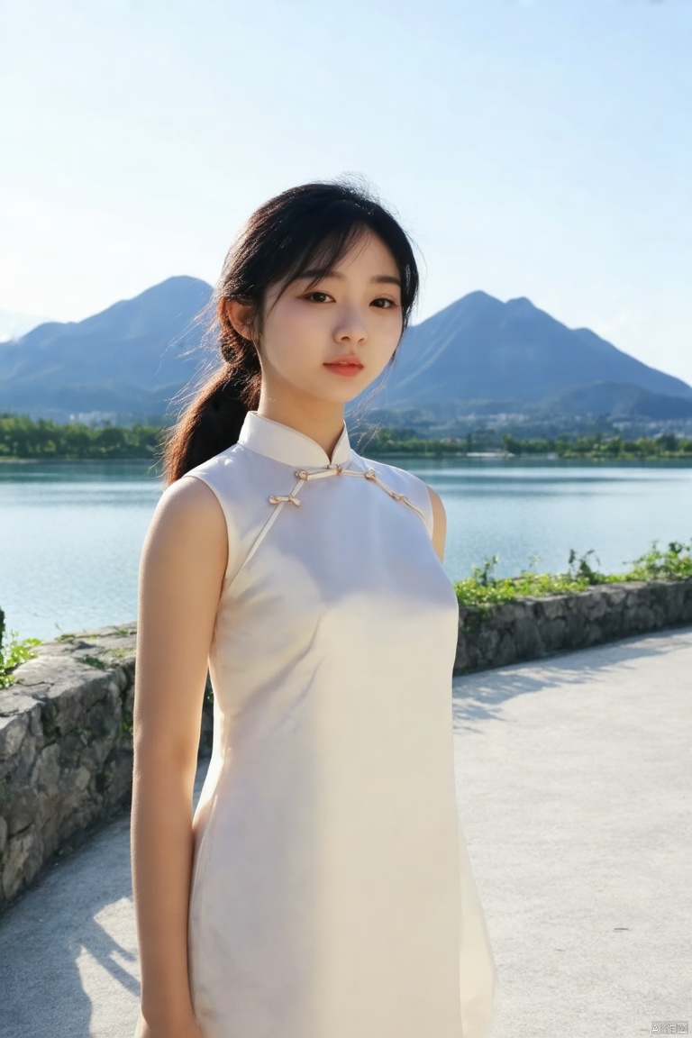a young Asian woman stands on a concrete walkway. She is dressed in a cream-colored sleeveless qipao. Her hair is styled in a sleek bob, and her bangs are pulled back in a ponytail, adding a pop of color to her dress. The backdrop is a serene lake, with a mountain range in the distance. The sky is a pale blue, and the sun is shining.