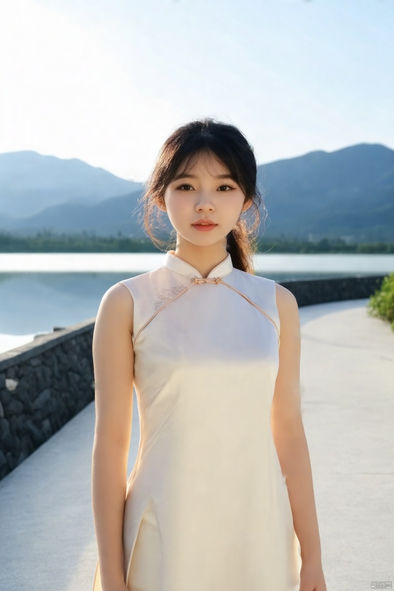 a young Asian woman stands on a concrete walkway. She is dressed in a cream-colored sleeveless qipao. Her hair is styled in a sleek bob, and her bangs are pulled back in a ponytail, adding a pop of color to her dress. The backdrop is a serene lake, with a mountain range in the distance. The sky is a pale blue, and the sun is shining.