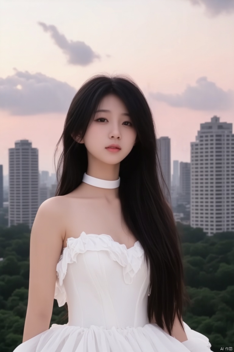 a young Asian woman with long dark hair, wearing a white strapless dress with a white choker around her neck. The woman's dress is adorned with white ruffles, adding a touch of texture to her dress. The backdrop, a backdrop of a pink sky, is a mix of gray and pink clouds. To the right of the woman, a row of skyscrapers can be seen.