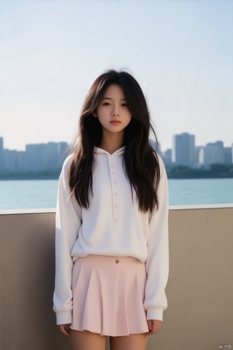 a young Asian woman stands . She is wearing a white long-sleeved button-down hoodie, a light pink skirt. Her hair is long and cascades down to her right, adding a touch of movement to her face. The backdrop, a backdrop of a cityscape can be seen, with a body of water and buildings in the distance. The sky is a pale blue, and the shadow of the woman is cast on the wall behind her.