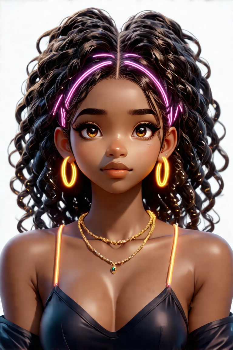 3d render ,  HD, 4k,  beautiful face, detailed face, ultra-detailed,  (solo focus, solo), facing viewer, (white background, plain background, simple background:1.3), (looking at viewer), neon glow, hoop earrings, 1girl, very dark skin, makeup, jewelry, large intricate hair, large breasts,  