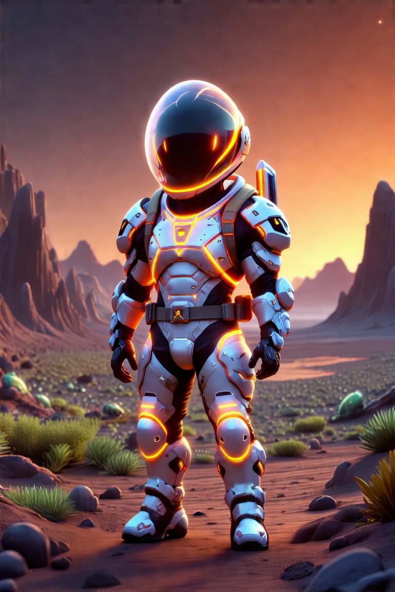3d render of A hero in high-tech armor with a jetpack, neon accents, and a clear helmet, gazing over an alien landscape