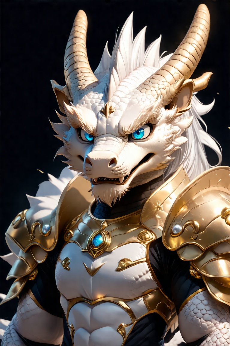 3d render ,stellaris,mammalian,solo,looking at viewer,upper body,black background,blue eyes,no humans,dragon,white fur,gold ornament,science fiction,gold armor, hair, white hair, male, angry