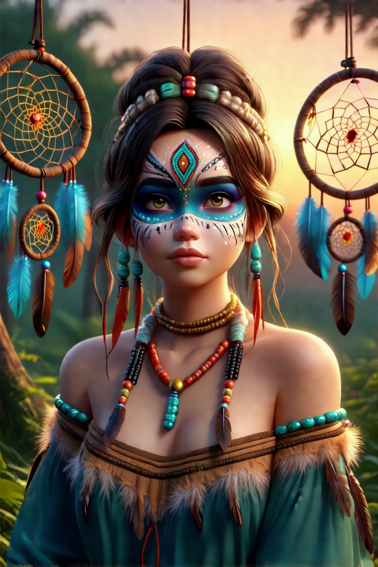 3d render of A serene woman with intricate face paint, feathers, and beaded accessories, surrounded by dreamcatchers against a twilight background