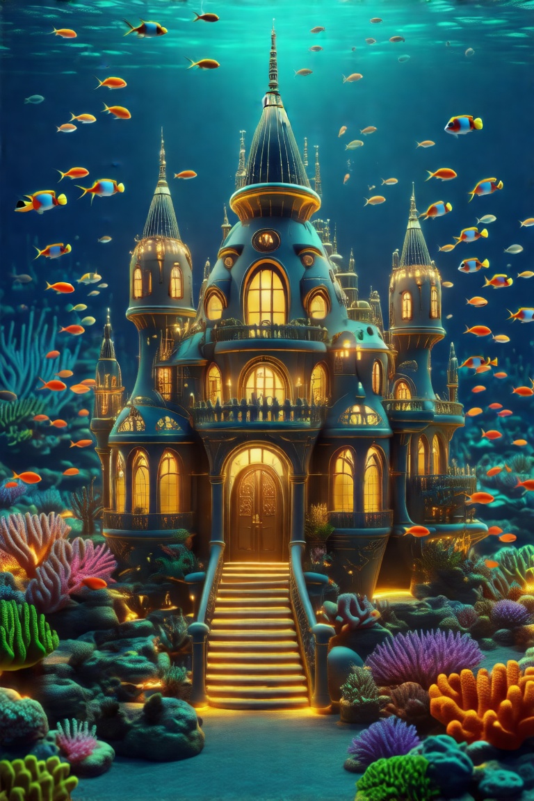 3d render or A vibrant, magical underwater city with intricate coral structures, glowing marine life, and fish swimming around