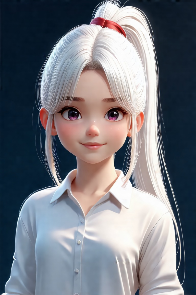3d render of a cute young woman. white shirt,looking_at_viewer,long hair, high ponytail,white hair, shiny hair, energatic, depth of field, octane render, high quality