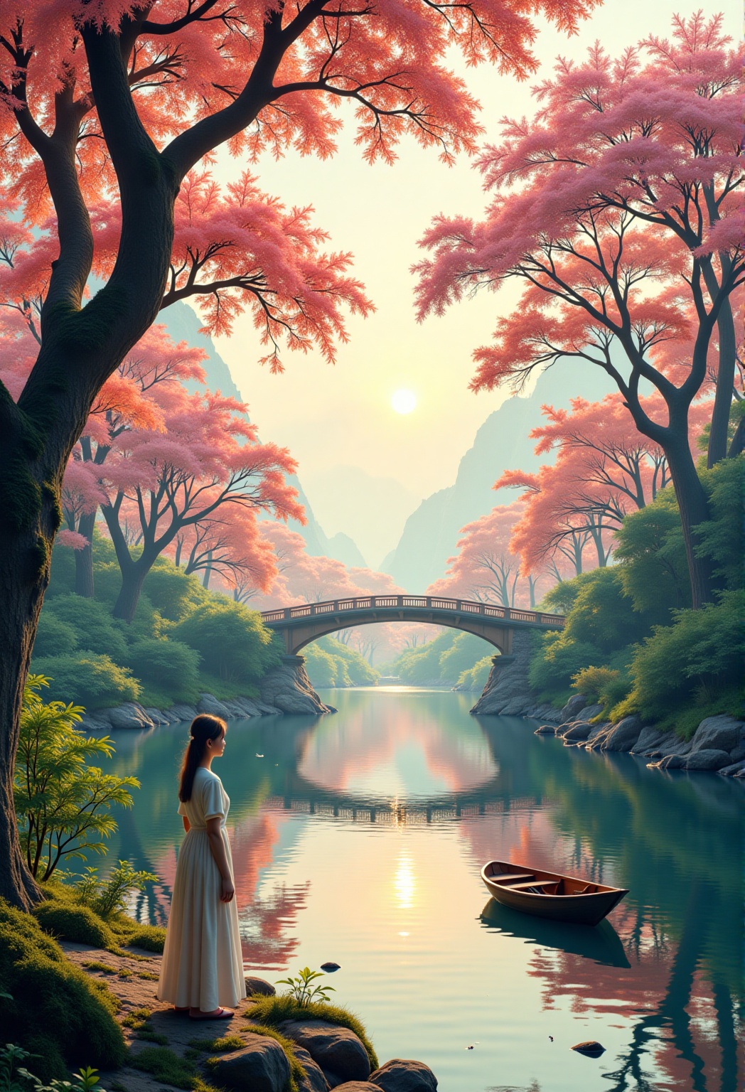 A serene scene unfolds: a lone female figure stands at the edge of a tranquil lake,  situated amidst a dense forest. The s...