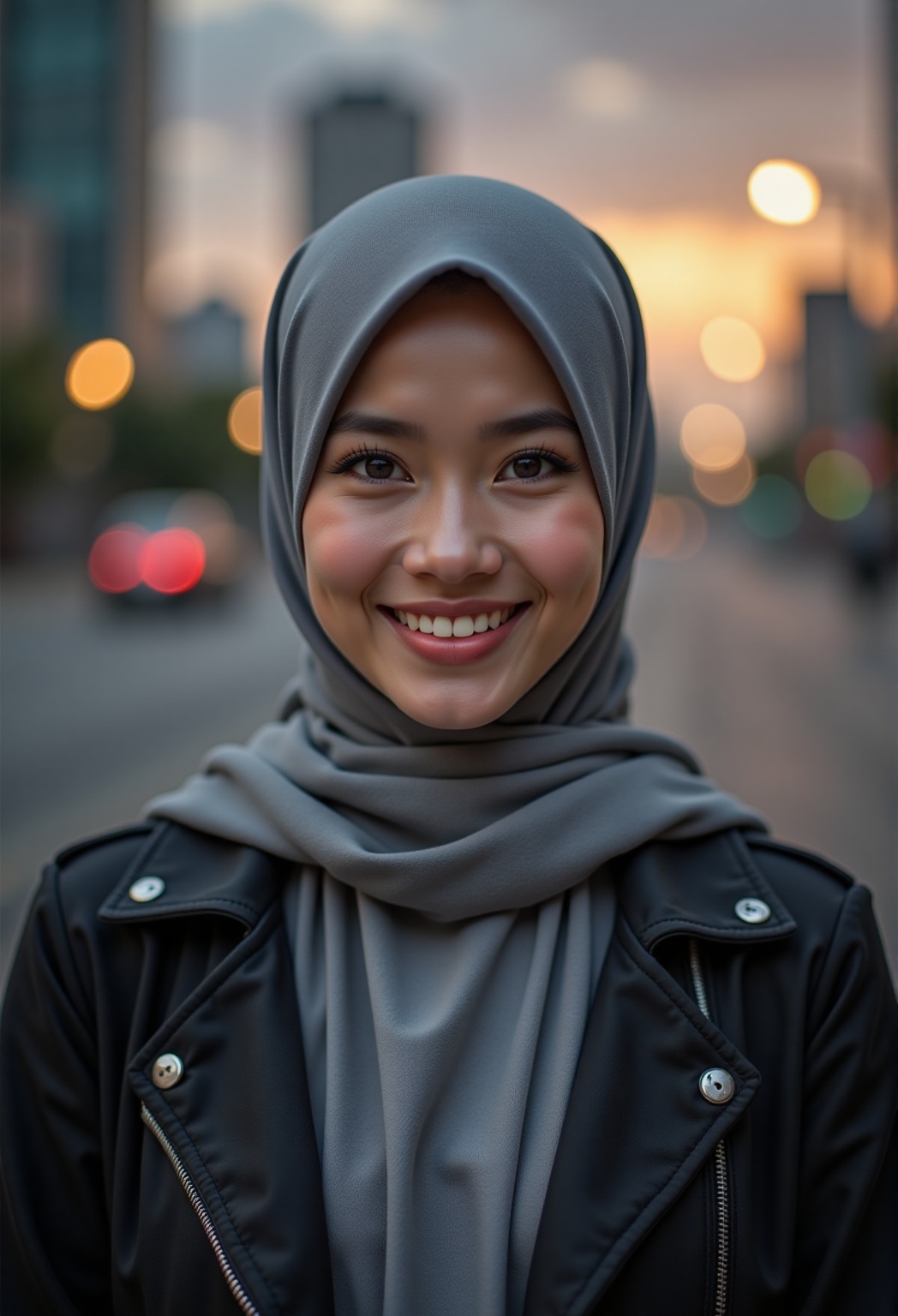 A stunning Malaysian hijabi woman,  25 years young and radiant,  stands confidently against a blurred cityscape at dusk. S...