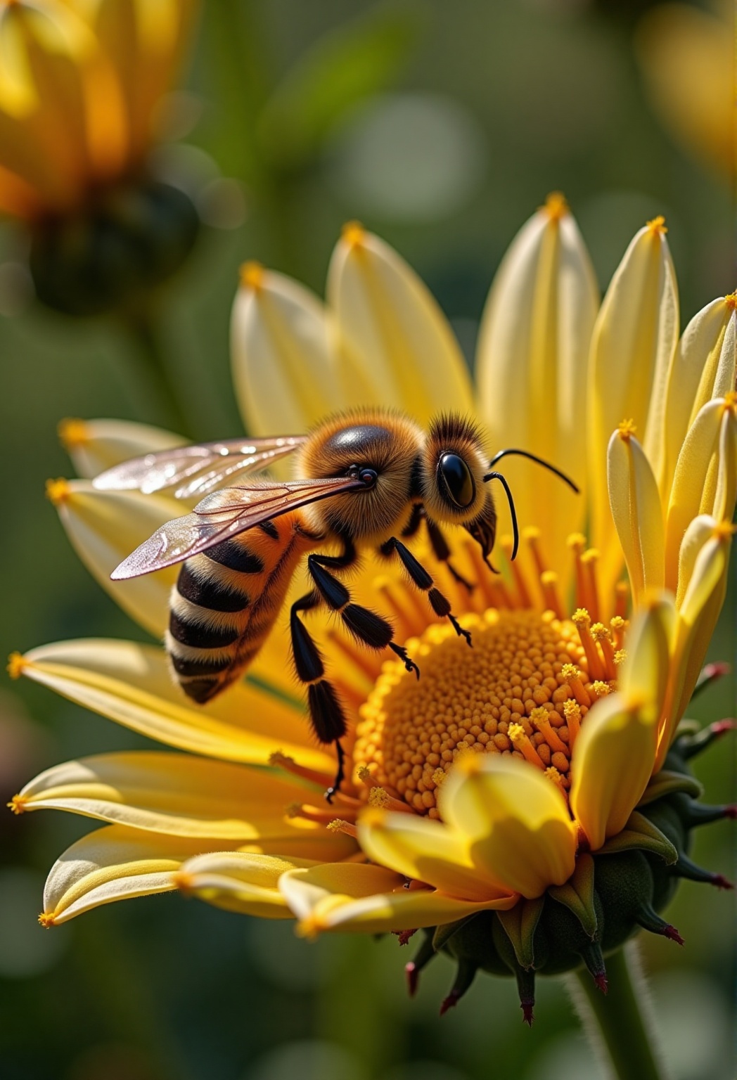 A majestic honeybee perches delicately on a vibrant yellow and white flower,  its translucent wings glistening in the warm...