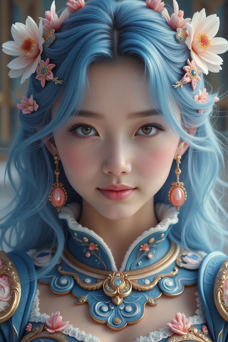 A beautiful blue hair girl wear shiny glossy ceramic armour plating-style with sakura pattern. FLUXjourney,  velvet_myst o...
