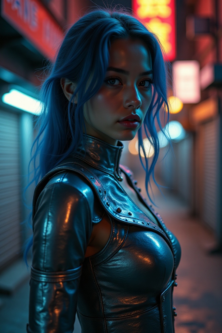 A stylish blue-haired woman standing confidently,  silver metal plates covering her arms and torso,  futuristic cyberpunk...