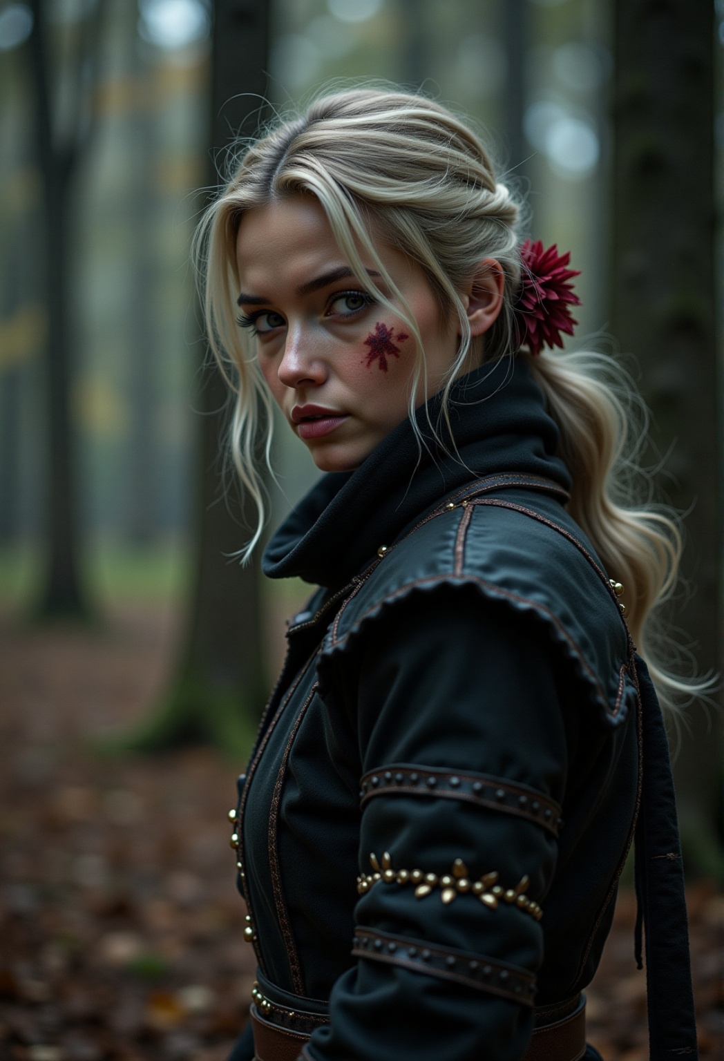 Photo real of Ciri in mid-combat,  gracefully dodging an attack and countering with her sword. She is in her Witcher train...