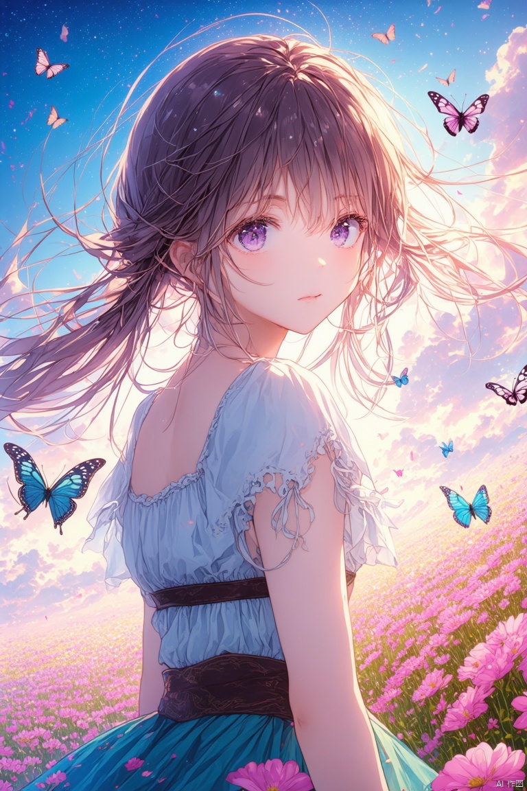 (masterpiece, best quality, ultra-detailed, highres, best illustration),1girl,solo,cowboy shot,looking_at_viewer, side lighting,lustrous skin,(shine),(shiny skin, cetlic elements, norse heritage),ray tracing,wind swept hair,detailed hair,detailed face,depth_of_field,very detailed background,extreme light and shadow,(detailed eyes),perfect anatomy,,dynamic angle,1girl,((sea of pink flowers,with butterflies everywhere.,fluttering butterflies in the sky,colorful auspicious clouds,)), Short top,ultra short skirt ,navel,Dsmile