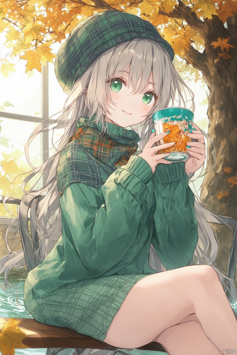 masterpiece,best quality,high quality,(colorful),loli,1girl,cup,solo,holding,looking at viewer,autumn,plaid headwear,holding cup,autumn leaves,green eyes,hat,nail polish,closed mouth,long sleeves,blush,fish,sweater,indoors,pom pom \(clothes\),plaid,looking back,sitting,green nails,drinking glass,green headwear,upper body,aqua nails,long hair,window,tree,food,grey hair,maple leaf,table,chair,day,blue nails,beanie,blonde hair,water,aqua eyes,plaid scarf,Dsmile