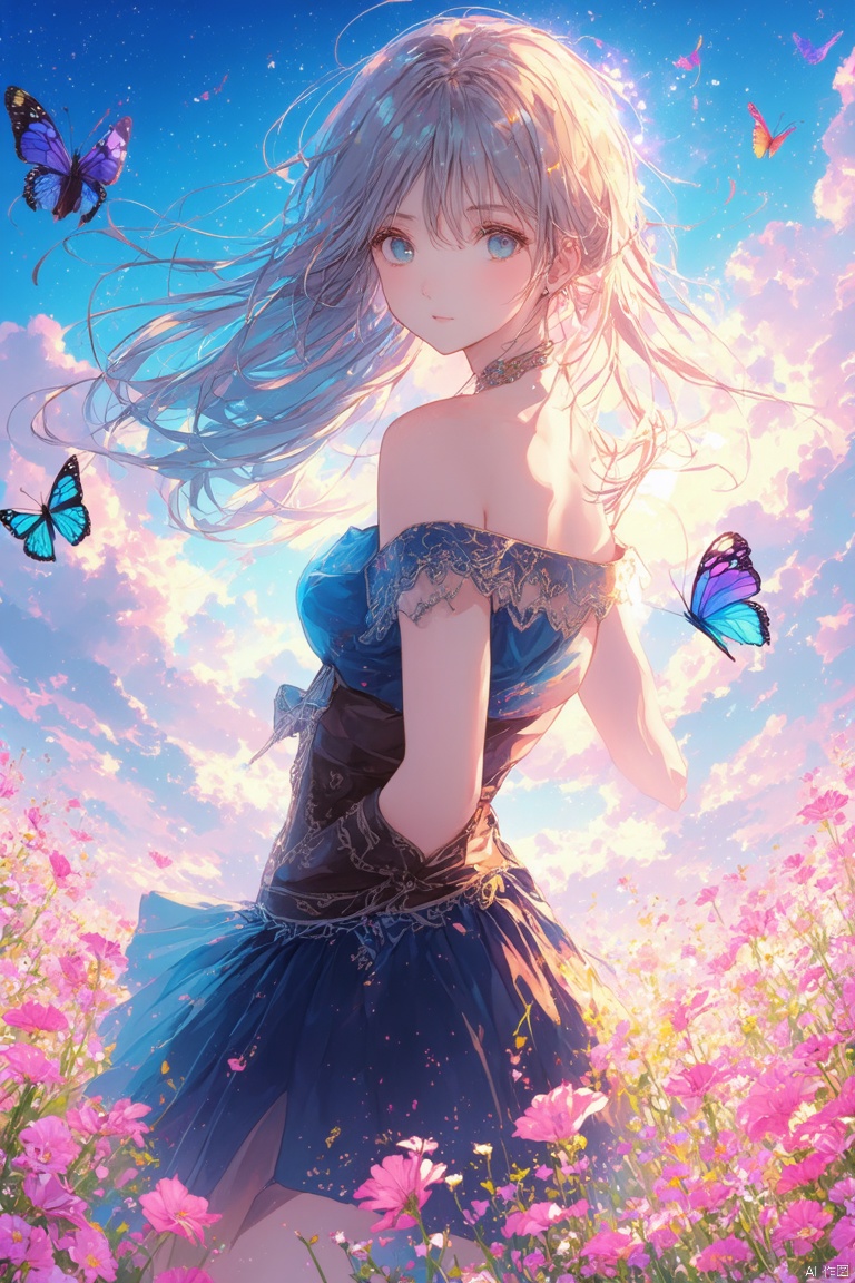 (masterpiece, best quality, ultra-detailed, highres, best illustration),1girl,solo,cowboy shot,looking_at_viewer, side lighting,lustrous skin,(shine),(shiny skin, cetlic elements, norse heritage),ray tracing,wind swept hair,detailed hair,detailed face,depth_of_field,very detailed background,extreme light and shadow,(detailed eyes),perfect anatomy,,dynamic angle,1girl,((sea of pink flowers,with butterflies everywhere.,fluttering butterflies in the sky,colorful auspicious clouds,)), Short top,ultra short skirt ,navel,Dsmile