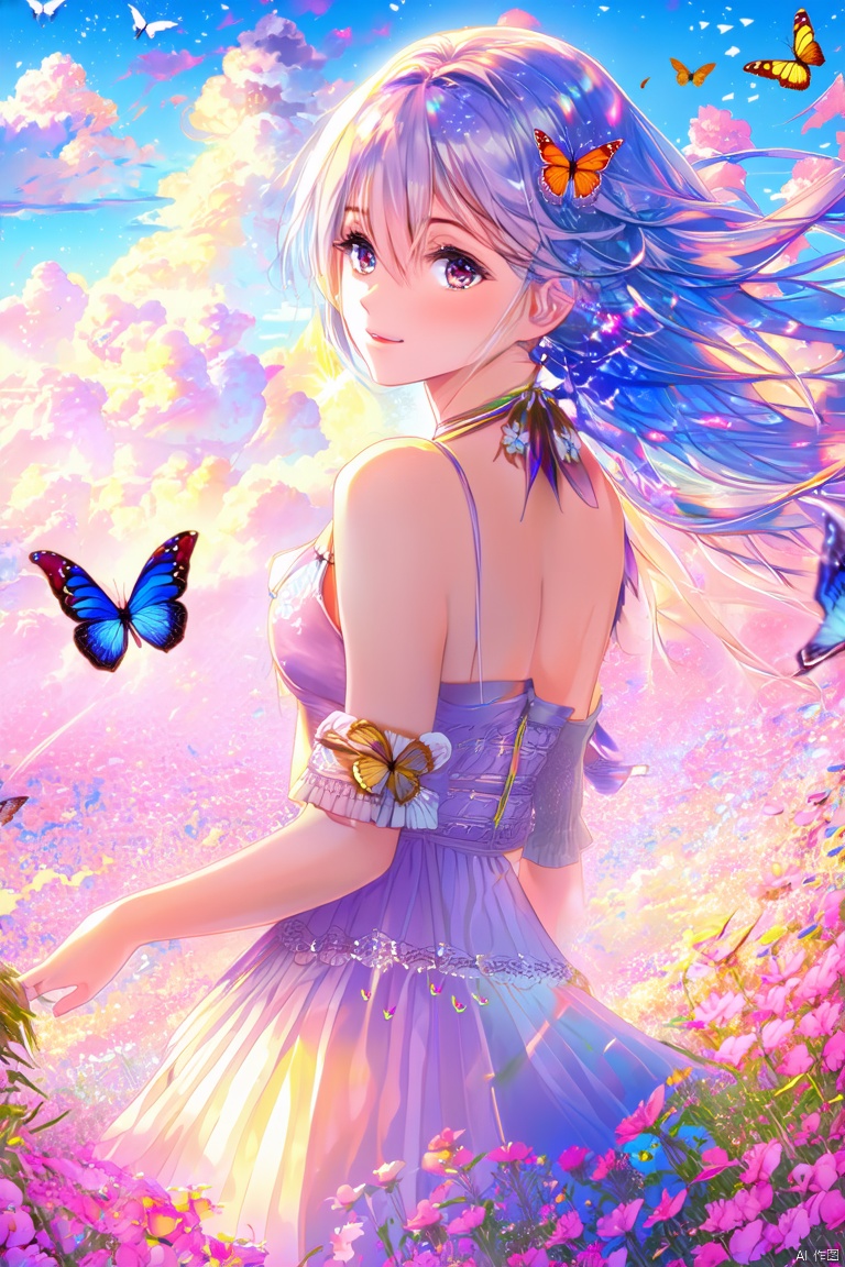 (masterpiece, best quality, ultra-detailed, highres, best illustration),1girl,solo,cowboy shot,looking_at_viewer, side lighting,lustrous skin,(shine),(shiny skin, cetlic elements, norse heritage),ray tracing,wind swept hair,detailed hair,detailed face,depth_of_field,very detailed background,extreme light and shadow,(detailed eyes),perfect anatomy,,dynamic angle,1girl,((sea of pink flowers,with butterflies everywhere.,fluttering butterflies in the sky,colorful auspicious clouds,)), Short top,ultra short skirt ,navel,Dsmile