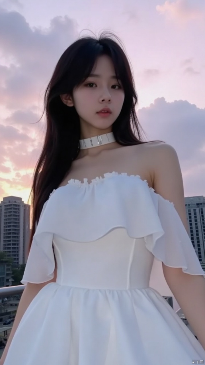 a young Asian woman with long dark hair, wearing a white strapless dress with a white choker around her neck. The woman's dress is adorned with white ruffles, adding a touch of texture to her dress. The backdrop, a backdrop of a pink sky, is a mix of gray and pink clouds. To the right of the woman, a row of skyscrapers can be seen.