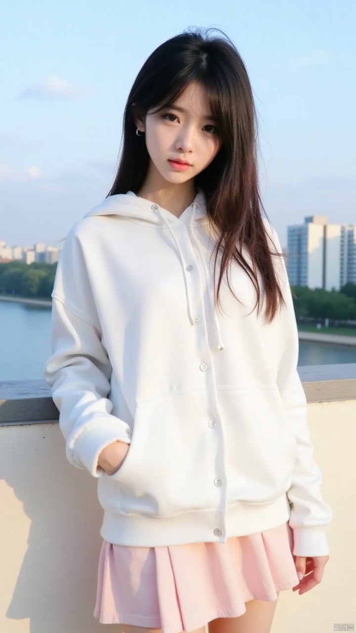 a young Asian woman stands . She is wearing a white long-sleeved button-down hoodie, a light pink skirt. Her hair is long and cascades down to her right, adding a touch of movement to her face. The backdrop, a backdrop of a cityscape can be seen, with a body of water and buildings in the distance. The sky is a pale blue, and the shadow of the woman is cast on the wall behind her.