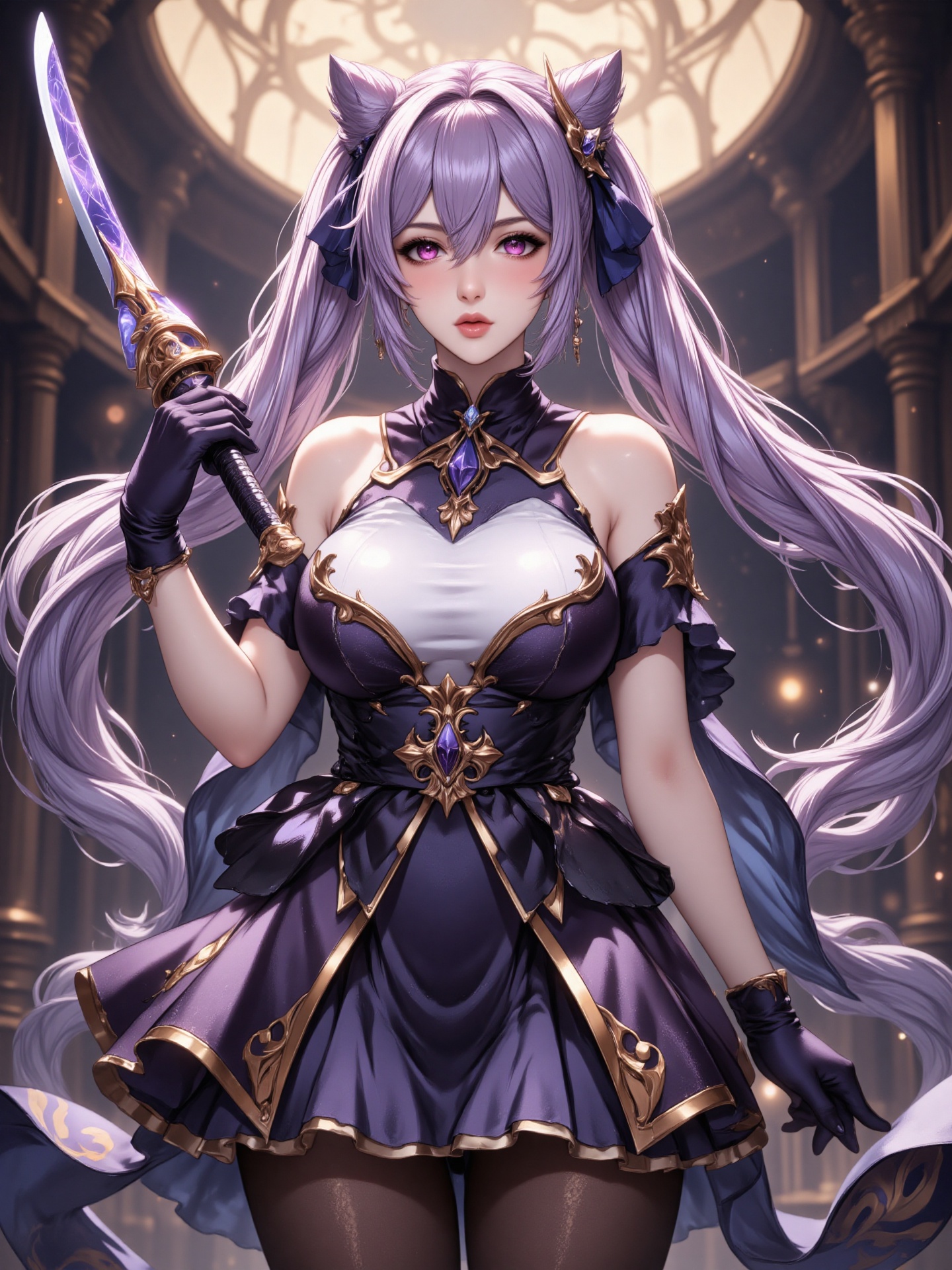 A majestic keqing\(hubggirl)\ from Genshin Impact. The shot is framed to showcase her striking features. She stands solo,...