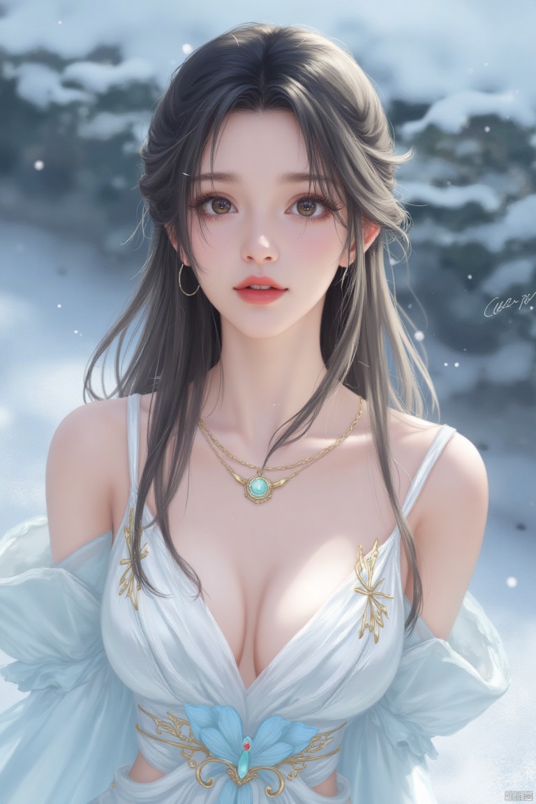 luoxue,snow,In the close-up, a young Asian woman wearing a sexy off shoulder dress looks up slightly at the sky, hands behind her back, and a waist strap that perfectly outlines her slender figure,XianNvChinese style-girl,1 girl