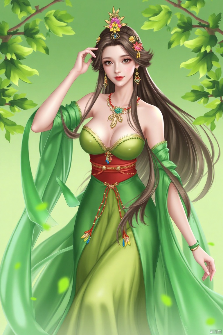1girl, solo, long hair, breasts, looking at viewer, brown hair, hair ornament, dress, holding, cleavage, bare shoulders, brown eyes, jewelry, medium breasts, very long hair, flower, earrings, hair flower, wide sleeves, necklace, sash, chinese clothes, tassel, green dress,She is wearing a green dress with a red top and a green skirt.  Her hair is blowing in the wind.    Her crown is adorned with colorful flowers.    There are green leaves on the right and left side of the image.    There is a green background behind the woman, ,Chinese style-girl,1 girl