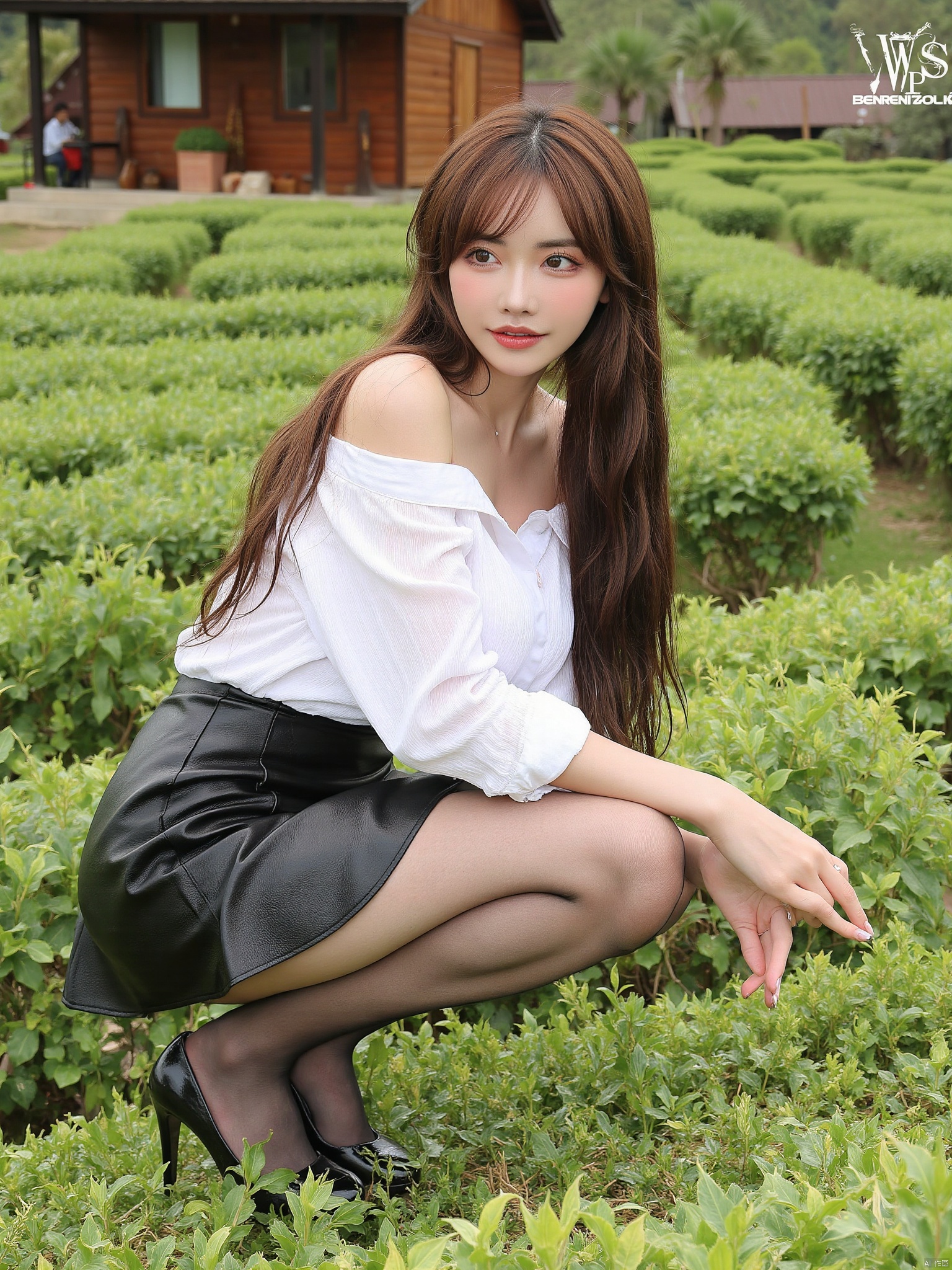 Realistic photos, 1girl, long hair, fair skin, huge breasts, off-shoulder fashion shirt, short leather skirt, (shiny pantyhose), long legs, high heels, full body, squatting, tea garden, terraced fields, wooden house,