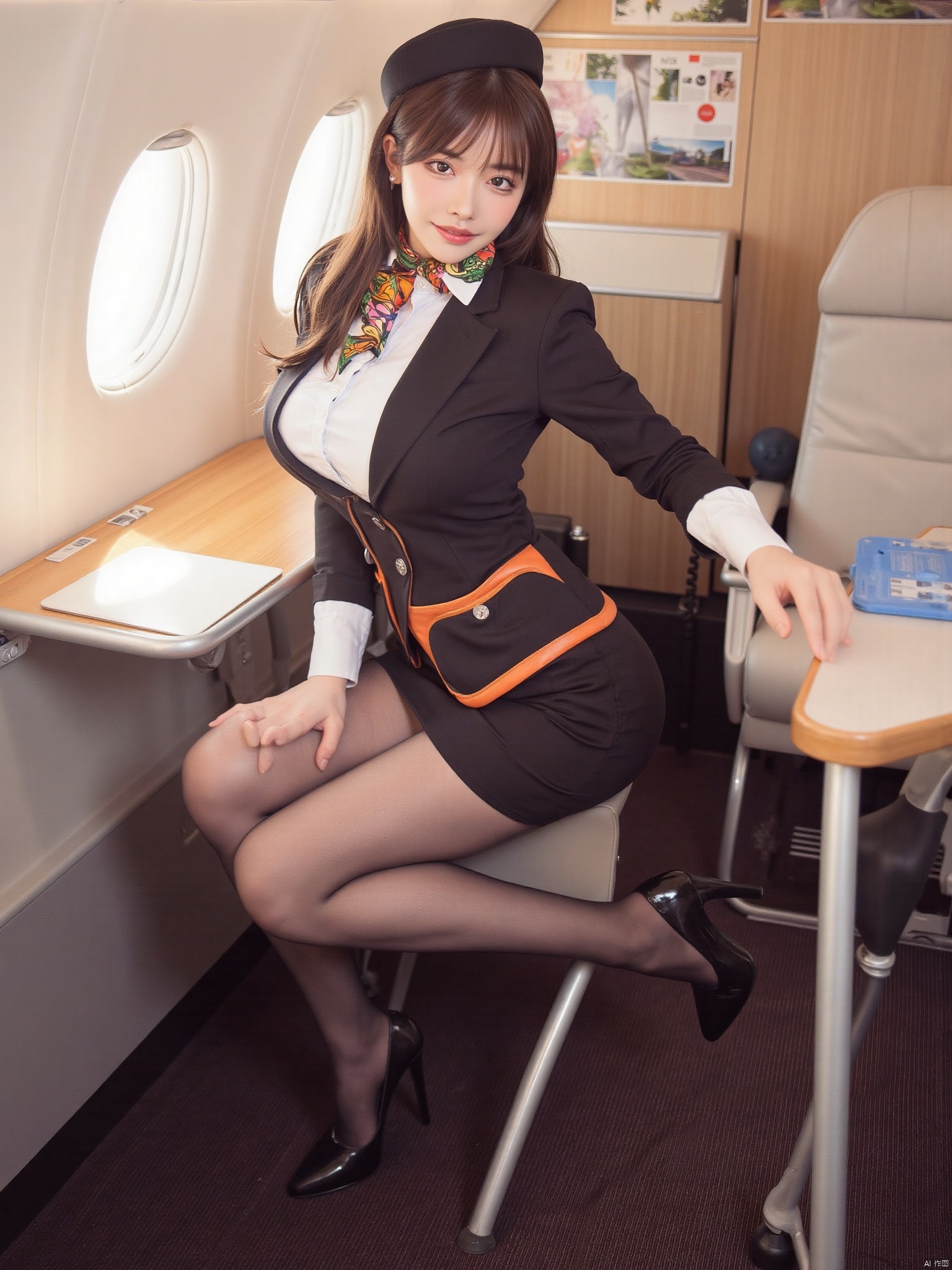 Realistic photos, 1girl, long hair, fair skin, big breasts, stewardess suit, stewardess hat, scarf, short pencil skirt, (shiny pantyhose), long legs, high heels, full body, fashion pose, aircraft luxury cabin,
