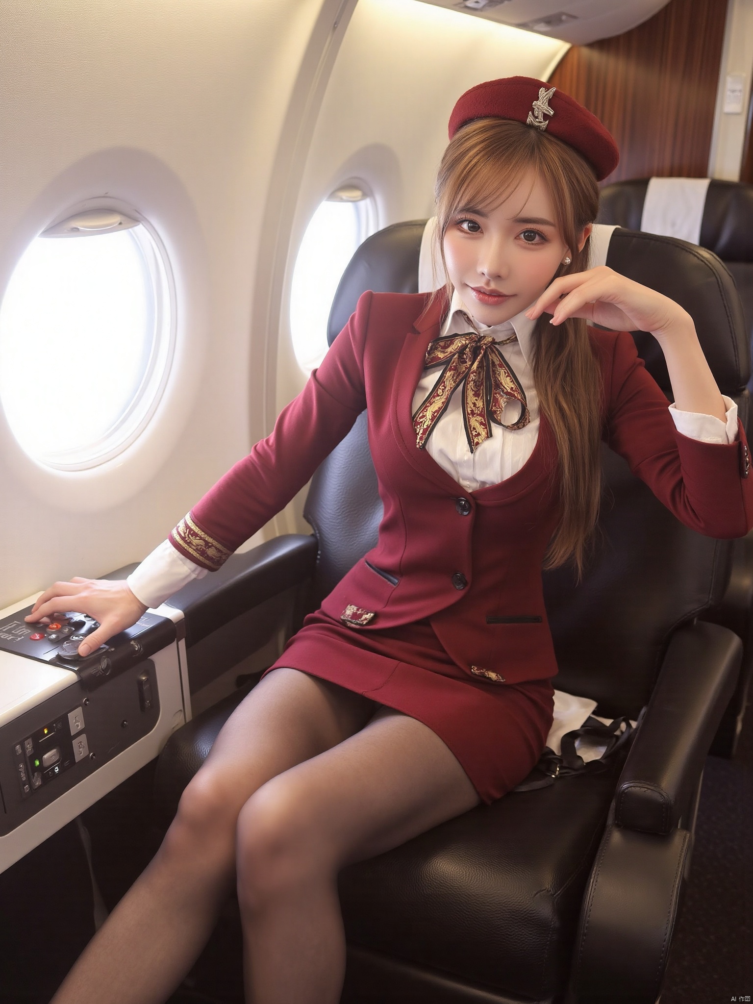 Realistic photos, 1girl, long hair, fair skin, big breasts, stewardess suit, stewardess hat, scarf, short pencil skirt, (shiny pantyhose), long legs, high heels, full body, sitting, aircraft luxury cabin,
