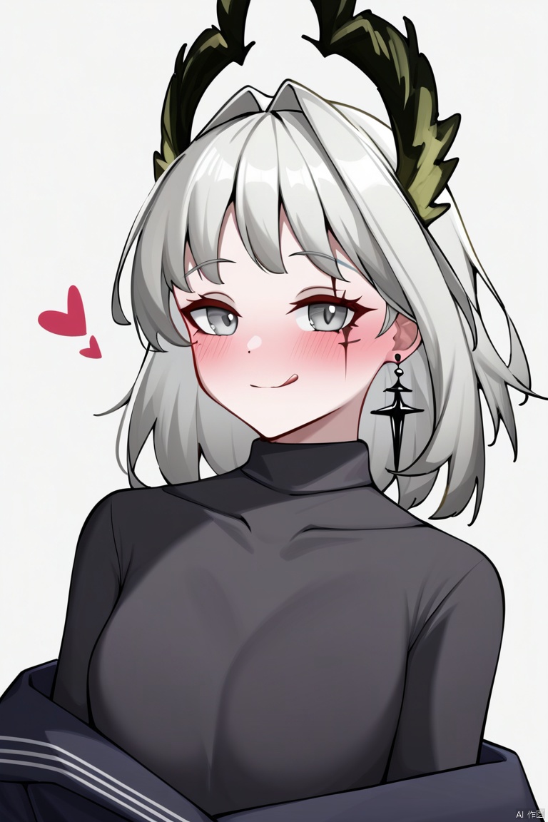 1girl, solo, long hair, breasts, looking at viewer, blush, smile, simple background, shirt, white background, jewelry, closed mouth, upper body, white hair, grey hair, heart, earrings, small breasts, alternate costume, tongue, tongue out, medium hair, sweater, black jacket, scar, hair intakes, head wings, :q, licking lips, black sweater, irene \(arknights\),grey eyes