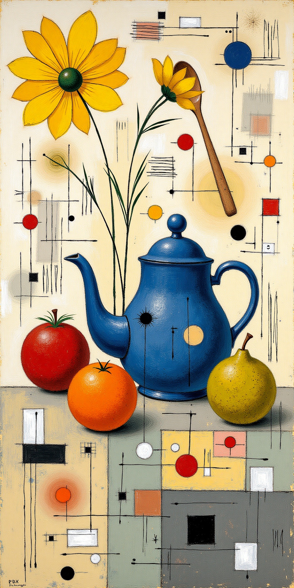 "An abstract,  surreal still life inspired by Paul Klee,  featuring a composition with a blue teapot on Tensor.Art