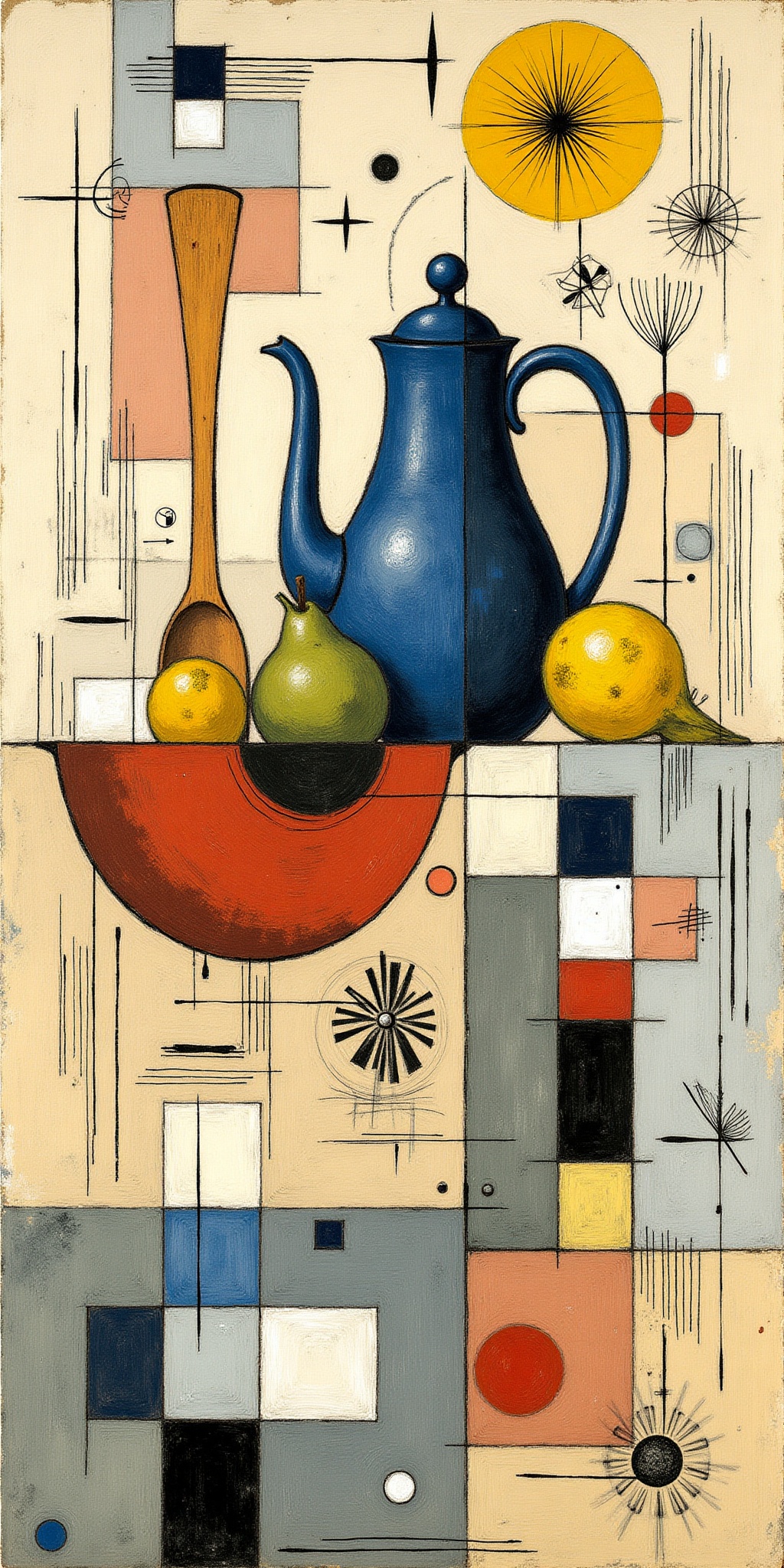 "An abstract,  surreal still life inspired by Paul Klee,  featuring a composition with a blue teapot on Tensor.Art