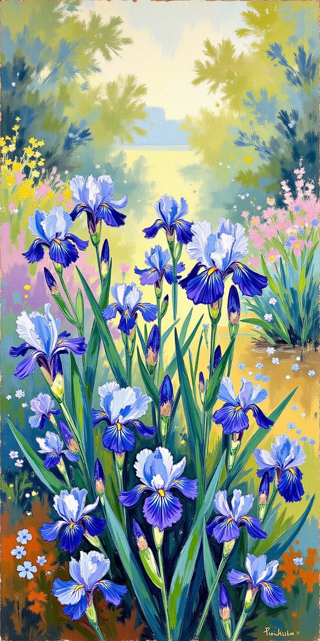 "An impressionist painting of a vibrant garden filled with lush irises in various shades of deep blue and purple,  intersp...