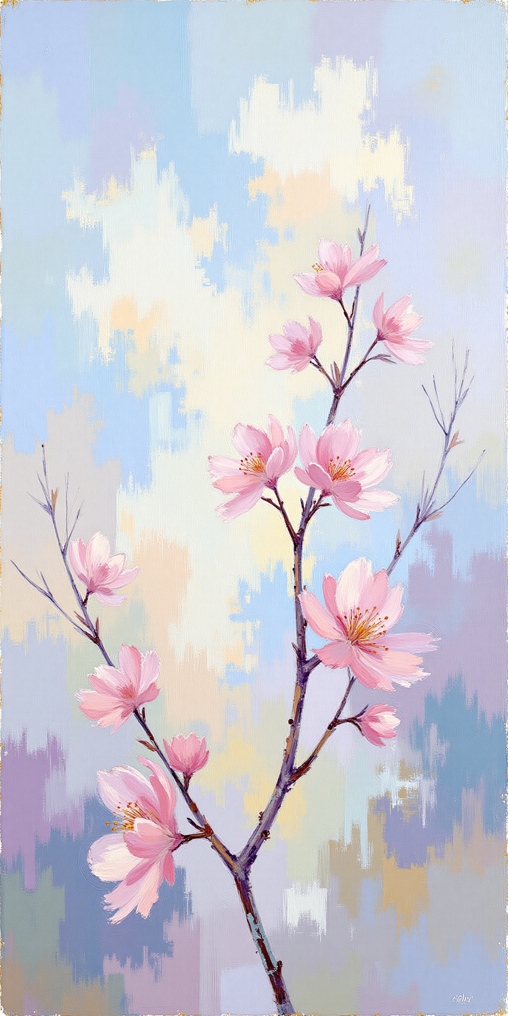 "Create an Impressionist-style painting inspired by Frank Weston Benson,  featuring a cluster of delicate pink blossoms ag...