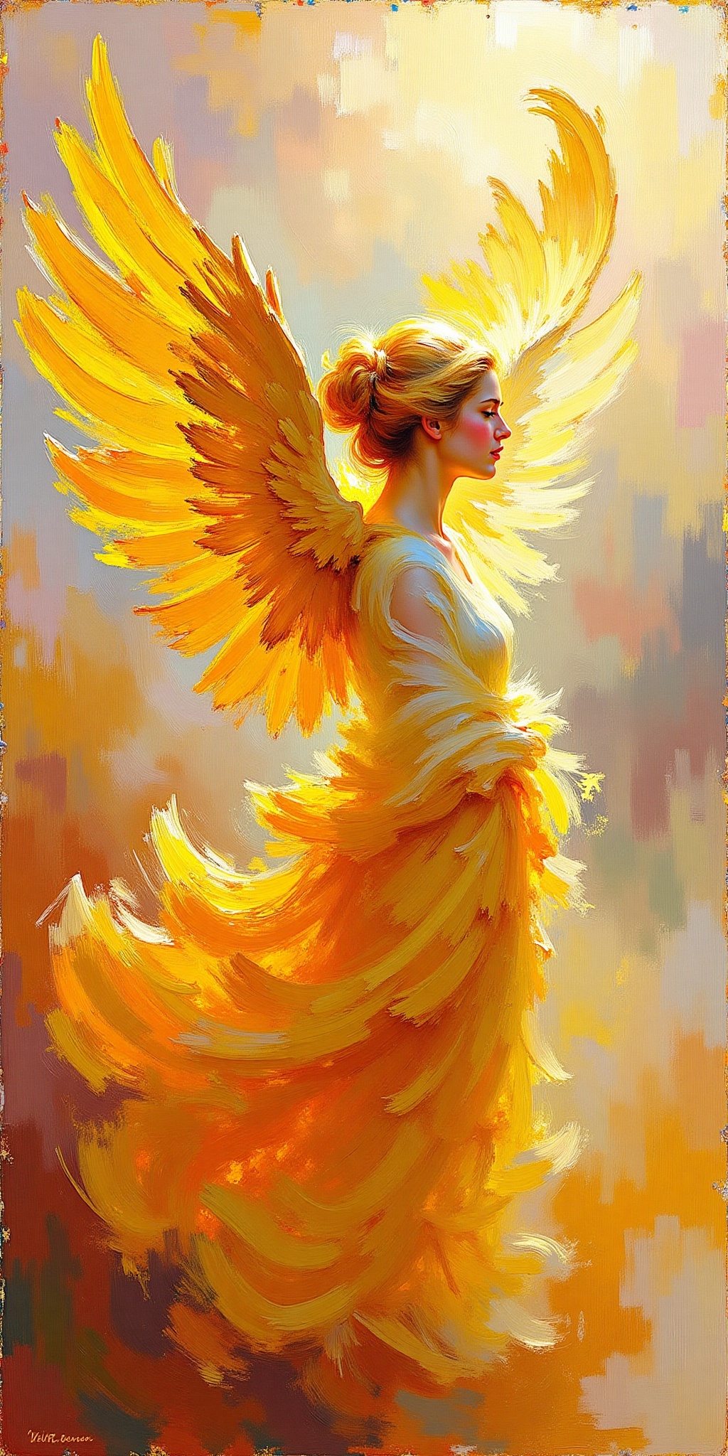 "Create an Impressionist-style artwork inspired by Frank Weston Benson,  portraying a figure in profile with radiant,  swe...