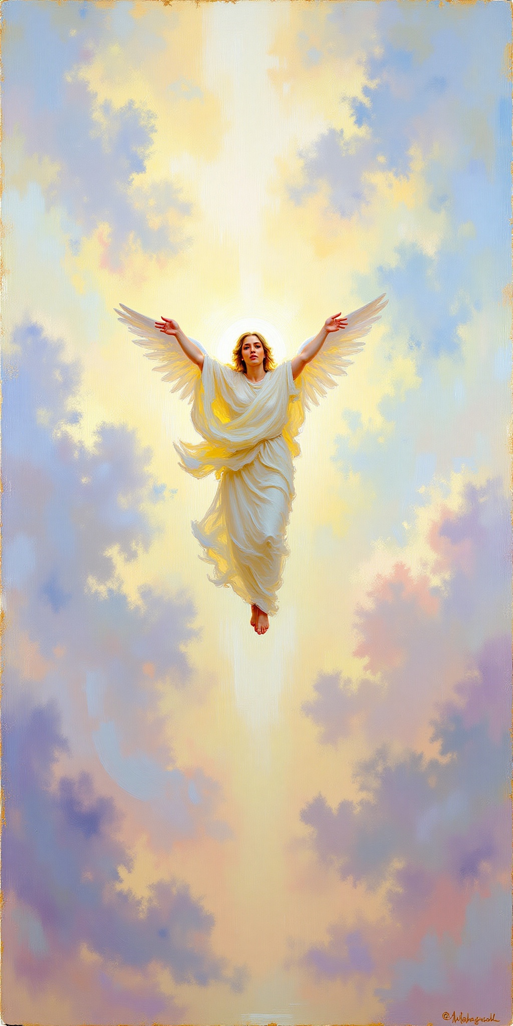 "Create an Impressionist-style artwork inspired by Frank Weston Benson,  with a single,  prominent celestial figure at the...