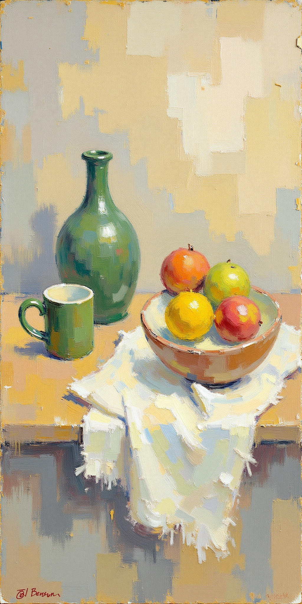"Create an Impressionist-style painting inspired by Frank Weston Benson,  depicting a still life scene with a green jar,...