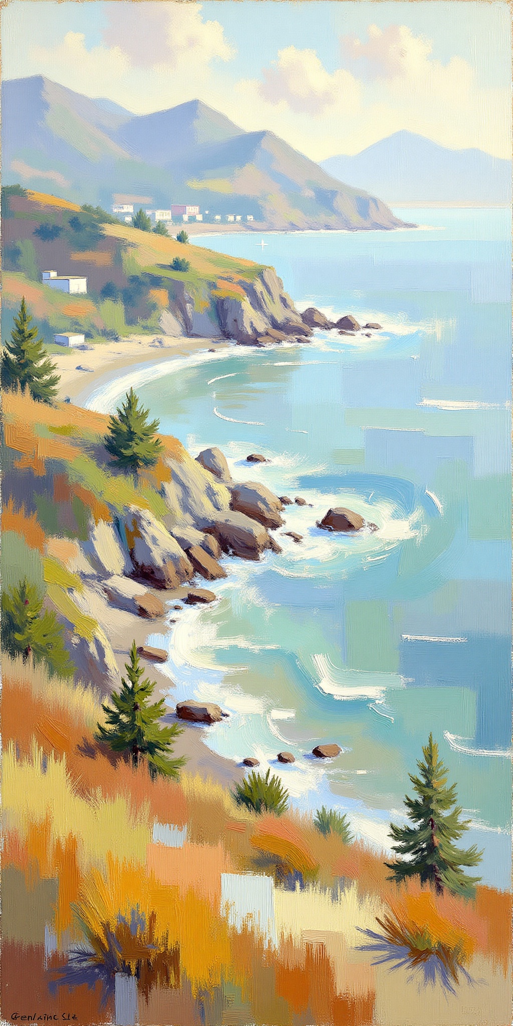 "Create an Impressionist-style landscape painting inspired by Frank Weston Benson,  capturing a scenic coastal view with r...