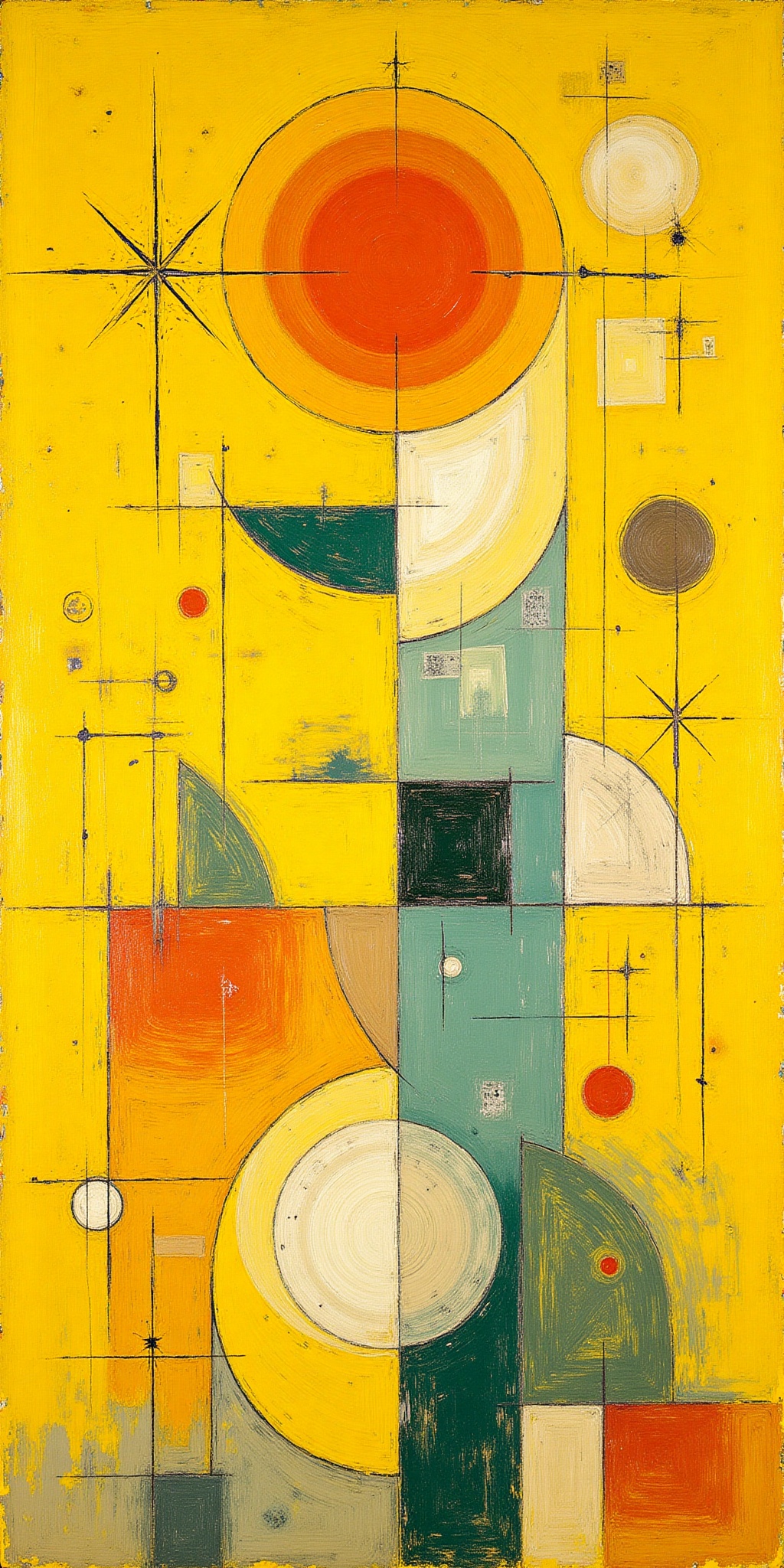 "Abstract expressionist artwork in a contemporary style,  inspired by the surreal,  symbolic quality of Paul Klee's work....
