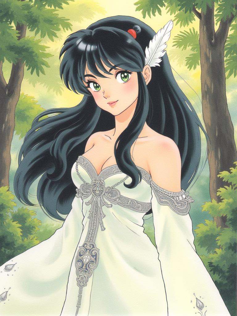 taka,A Soft-colored illustration of A young woman with flowing, raven-black hair and piercing emerald green eyes. She wears a flowing white dress adorned with intricate silver embroidery. A single white feather rests delicately in her hair. She stands against a backdrop of a lush, vibrant forest, a gentle smile gracing her lips