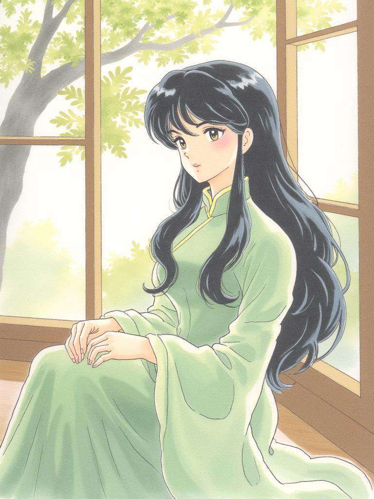 taka, A Soft-colored illustration *** young woman with an elegant demeanor sat quietly by the window. She had a head of long, black, silky hair that fell to her waist **** a waterfall. Her eyes were as clear and bright as autumn water, revealing a hint of melancholy in her eyes. Her skin was as fair as jade, her face was clean and dignified, her nose was straight, and her lips were slightly thin but beautifully shaped.She wore a light green colored long dress with a light and flowing hemline, accentuating her slender and slender figure. Her sitting posture was upright and elegant, her hands gently resting on her knees, and her whole person exuded a serene and slightly mysterious aura.The sunlight poured onto her body through the window pane, coating her with a soft halo and adding a bit of ethereal feeling. She gazed quietly into the distance, seemingly deep in thought, but also as if waiting for someone to arrive.