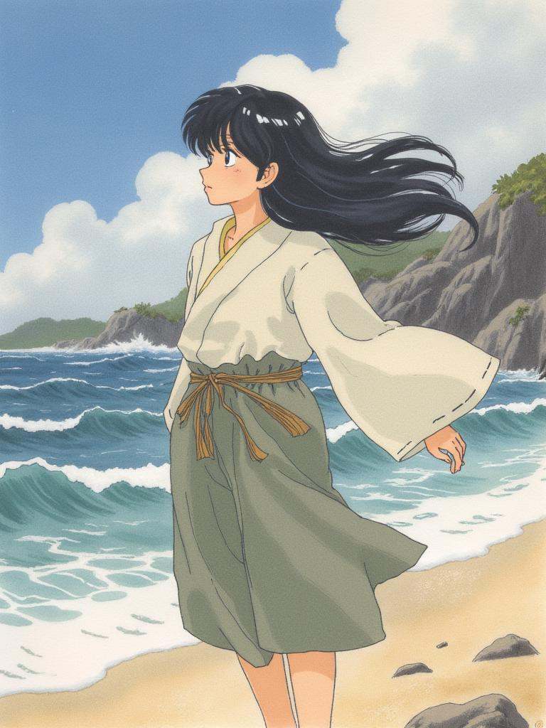 taka,A Soft-colored illustration of A beautiful young boy, with his long, black hair and simple clothing, stands on a windswept beach, gazing out at the ocean. His expression is melancholic and filled with longing. The background features a dramatic seascape with crashing waves and a sense of mystery.
